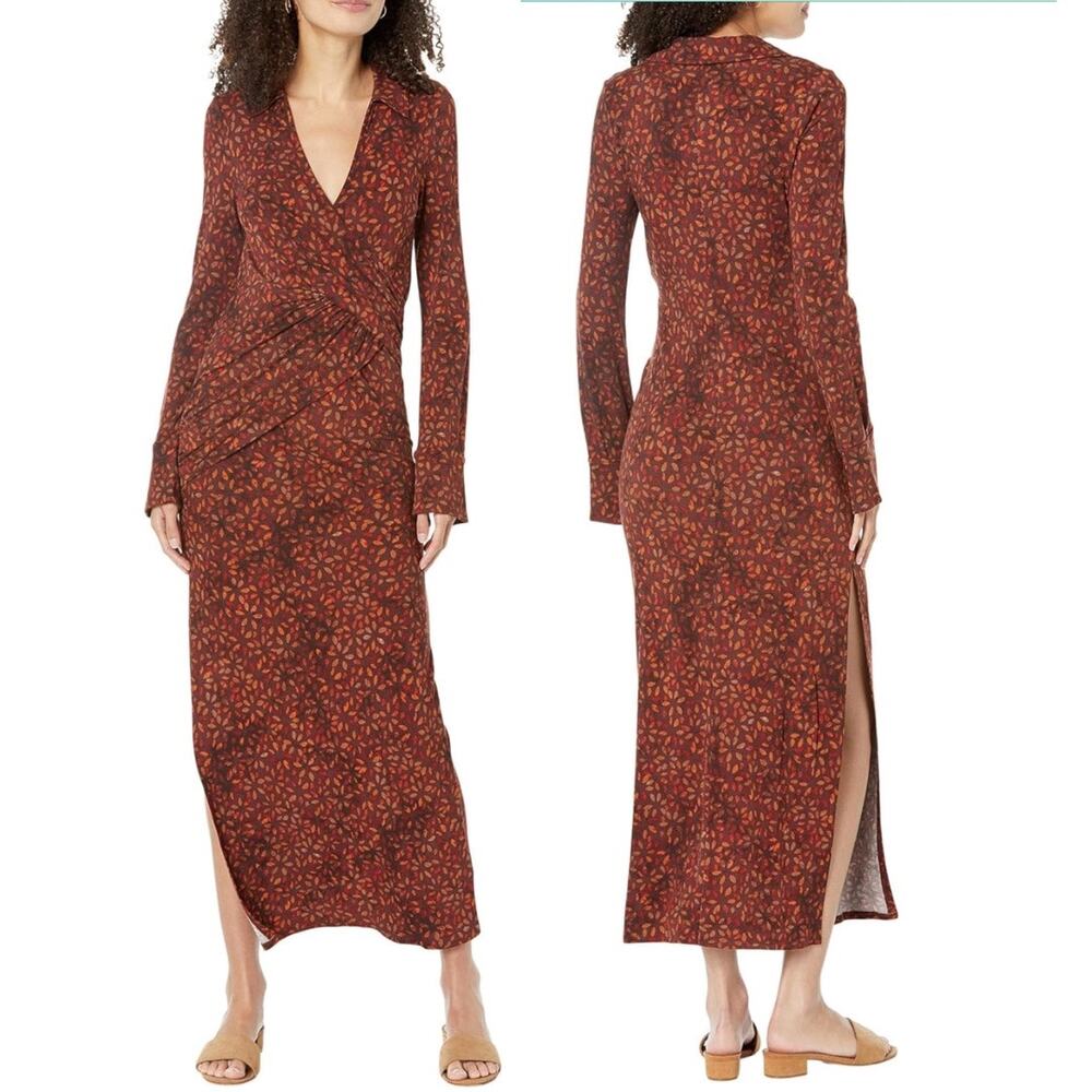 Free People Shayla Wrap Midi Dress Sz M Medium Long Sleeve Brown Jewel Tones